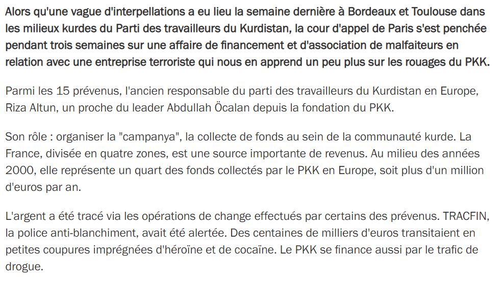 Le PKK est dans danger pour la France contrairement à la communauté Turque